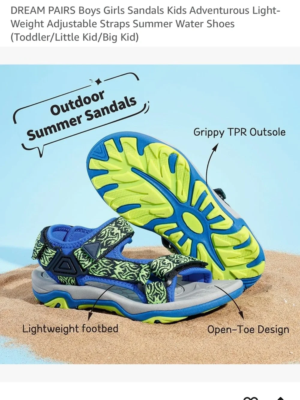 Dream Pairs Neon Green and Blue Patterned Kids Sport Sandals